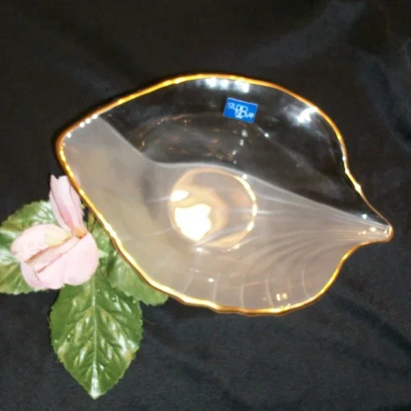 Mikasa Studio Nova Frosted & Clear Crystal Leaf Candy Dish NEW Gold Trim - Picture 5 of 7